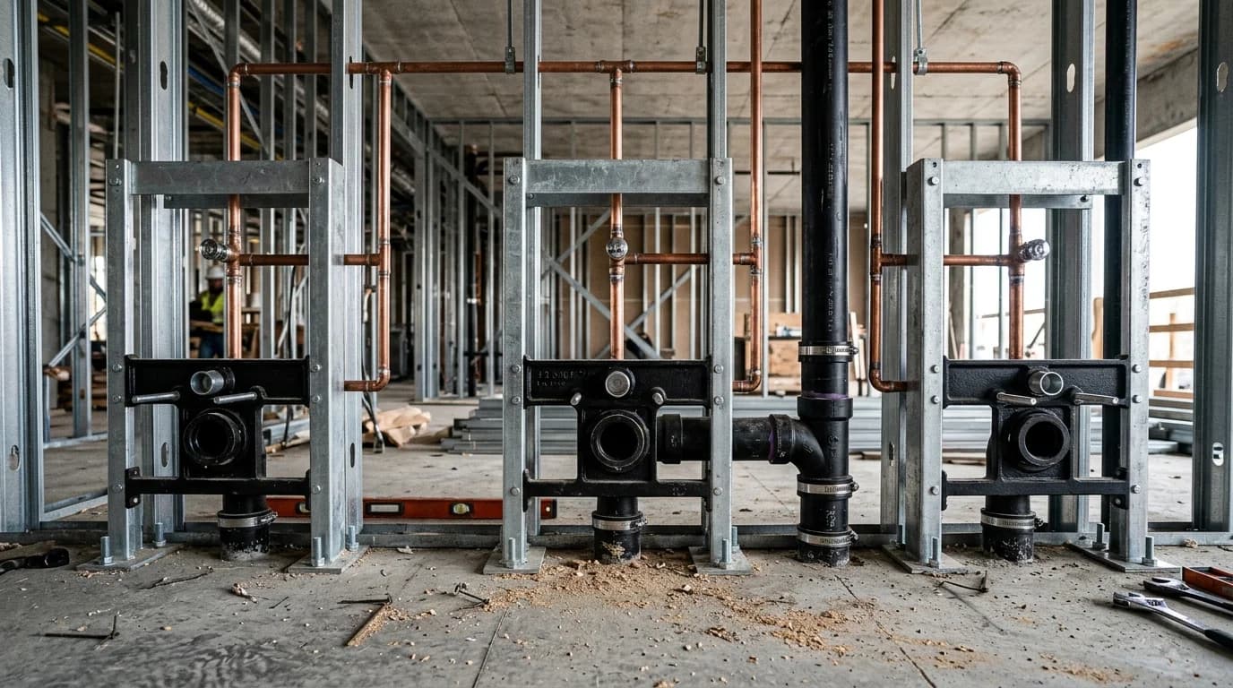 Commercial restroom plumbing fixture rough-in showing in-wall structural steel water closet carriers, copper supplies, and cast iron soil pipe