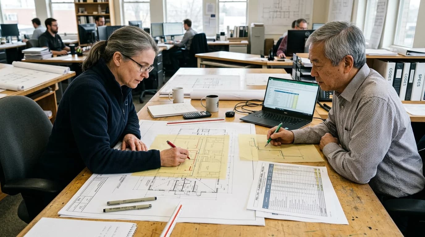 Design-build commercial plumbing estimating engineering session with schematic plans and preliminary budget model