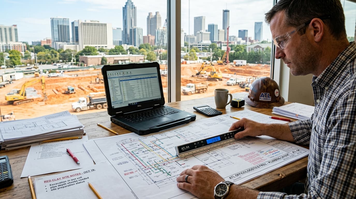 Commercial plumbing takeoff workspace for a corporate office building and logistics project in Atlanta Georgia
