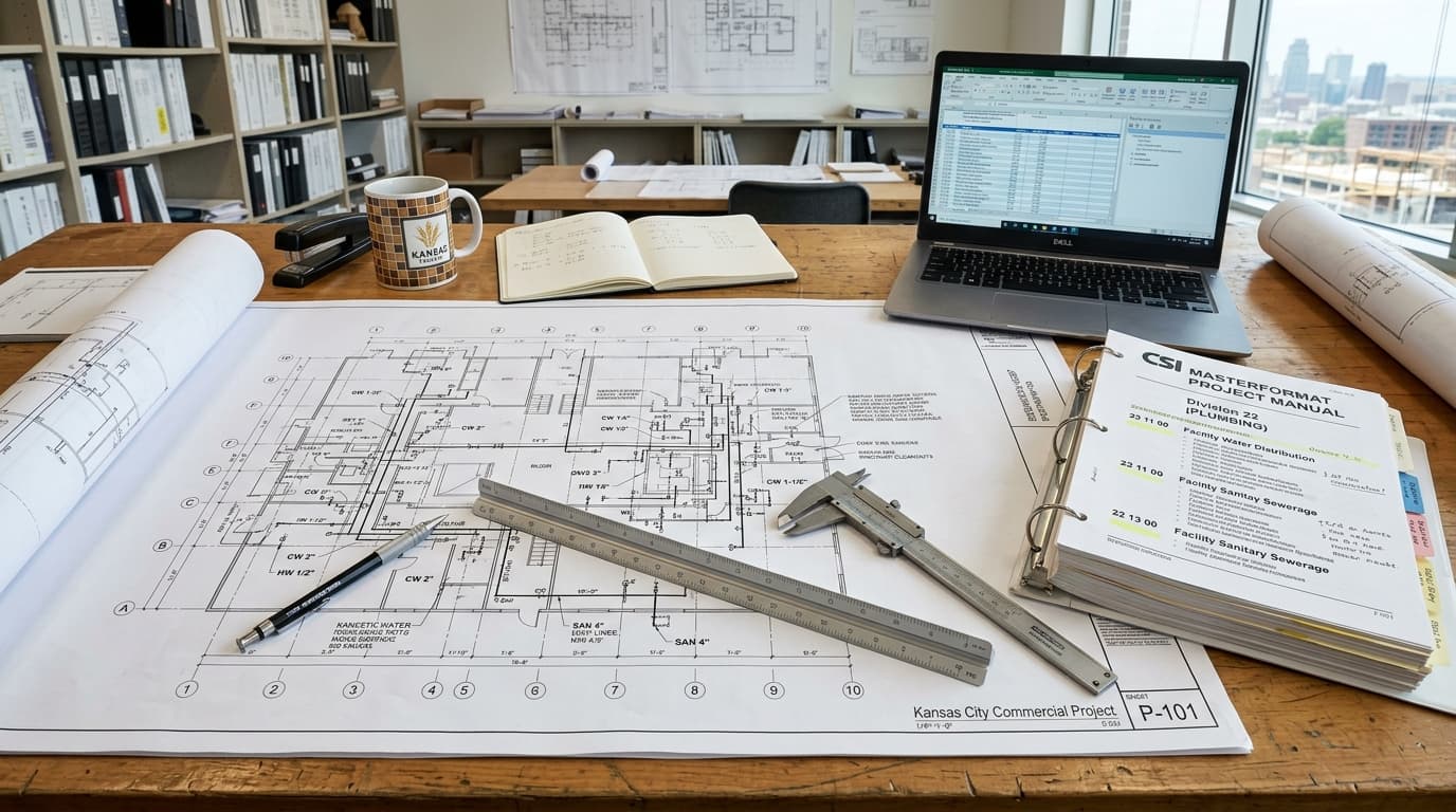 Commercial plumbing estimating and blueprint takeoff workspace for a project in Kansas