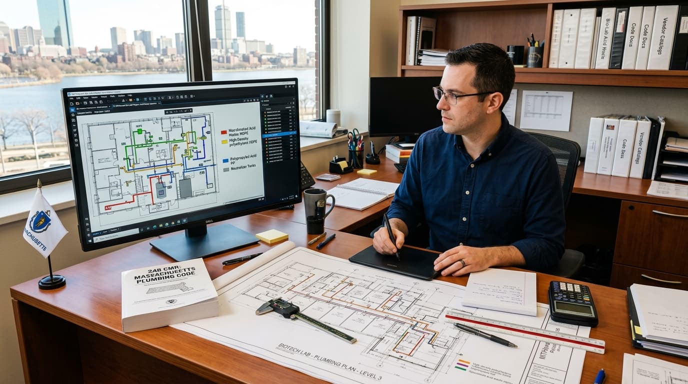 Commercial plumbing estimating office for a biotechnology laboratory and university project in Boston Massachusetts