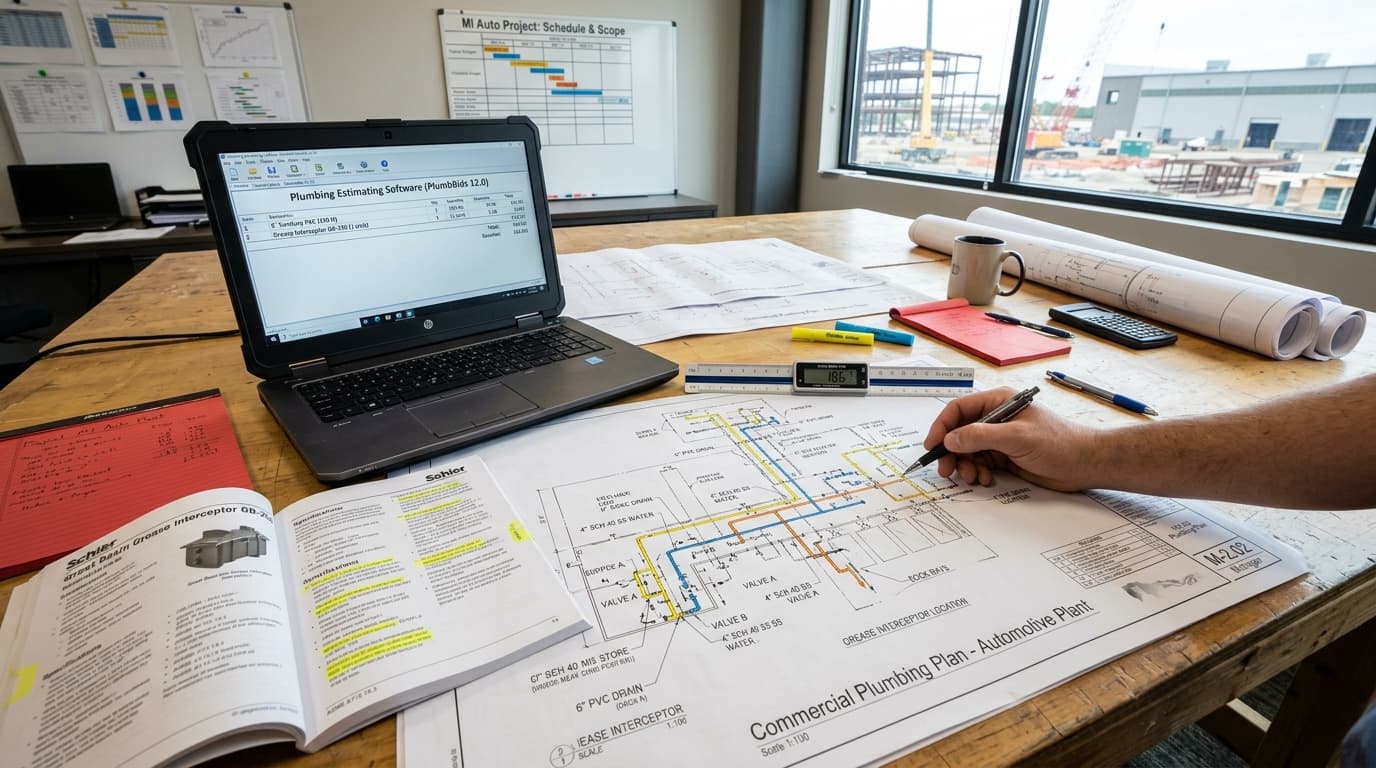 Commercial plumbing takeoff workspace for an automotive manufacturing and commercial distribution project in Michigan