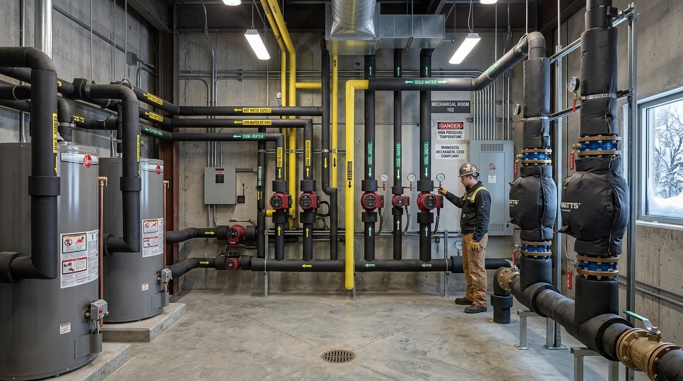 Commercial plumbing mechanical room with deep-freeze thermal insulation and pumps in Minnesota