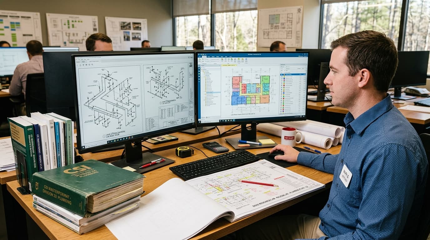 Commercial plumbing estimating desk for a healthcare and life sciences research laboratory project in North Carolina