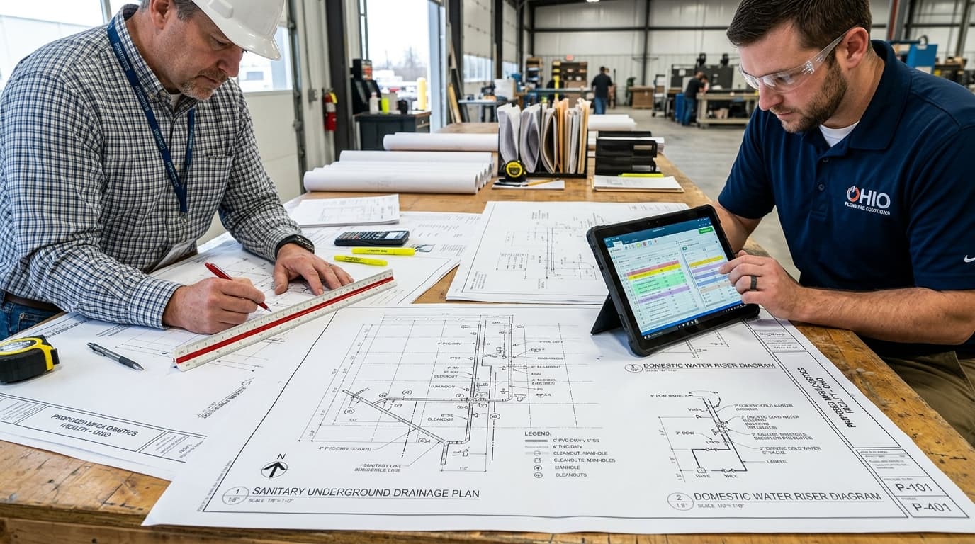 Commercial plumbing preconstruction takeoff and blueprint review for an Ohio industrial facility
