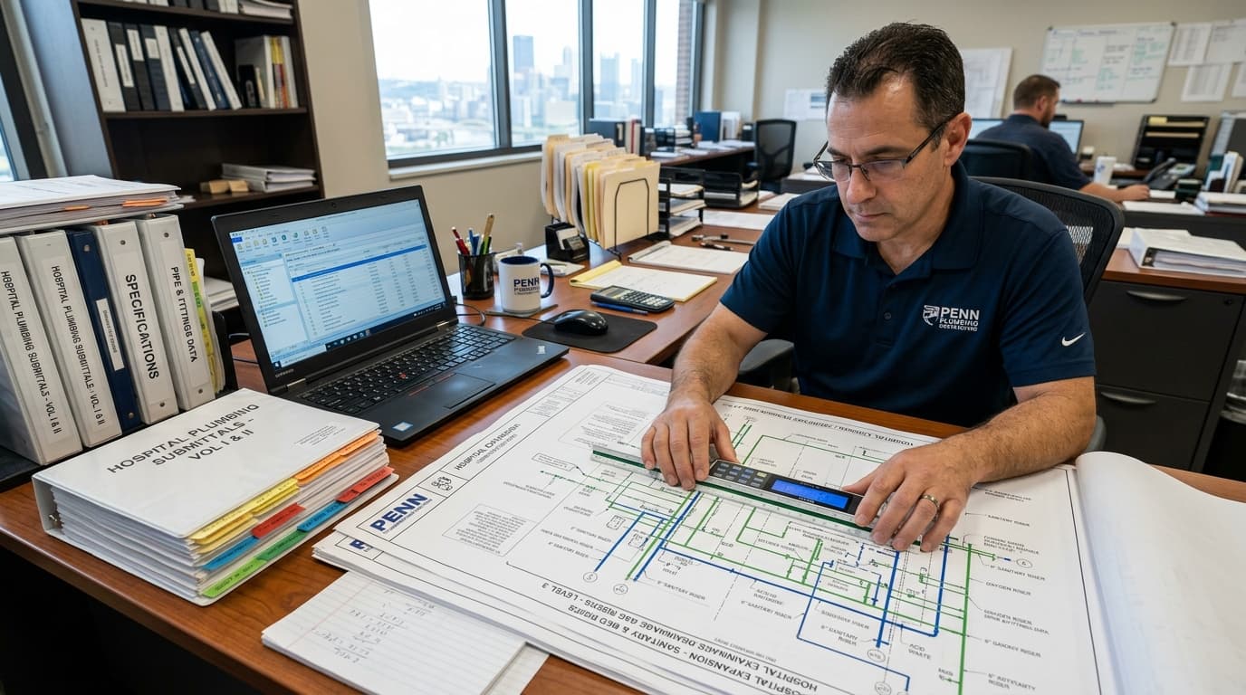 Commercial plumbing estimator reviewing architectural blueprints for a Pennsylvania healthcare facility