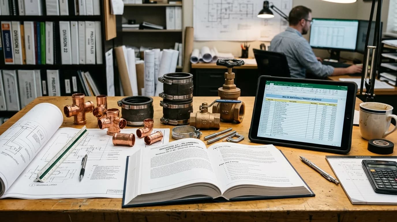 Commercial plumbing material takeoff bill of materials schedule with copper fittings, valves, and Division 22 specifications