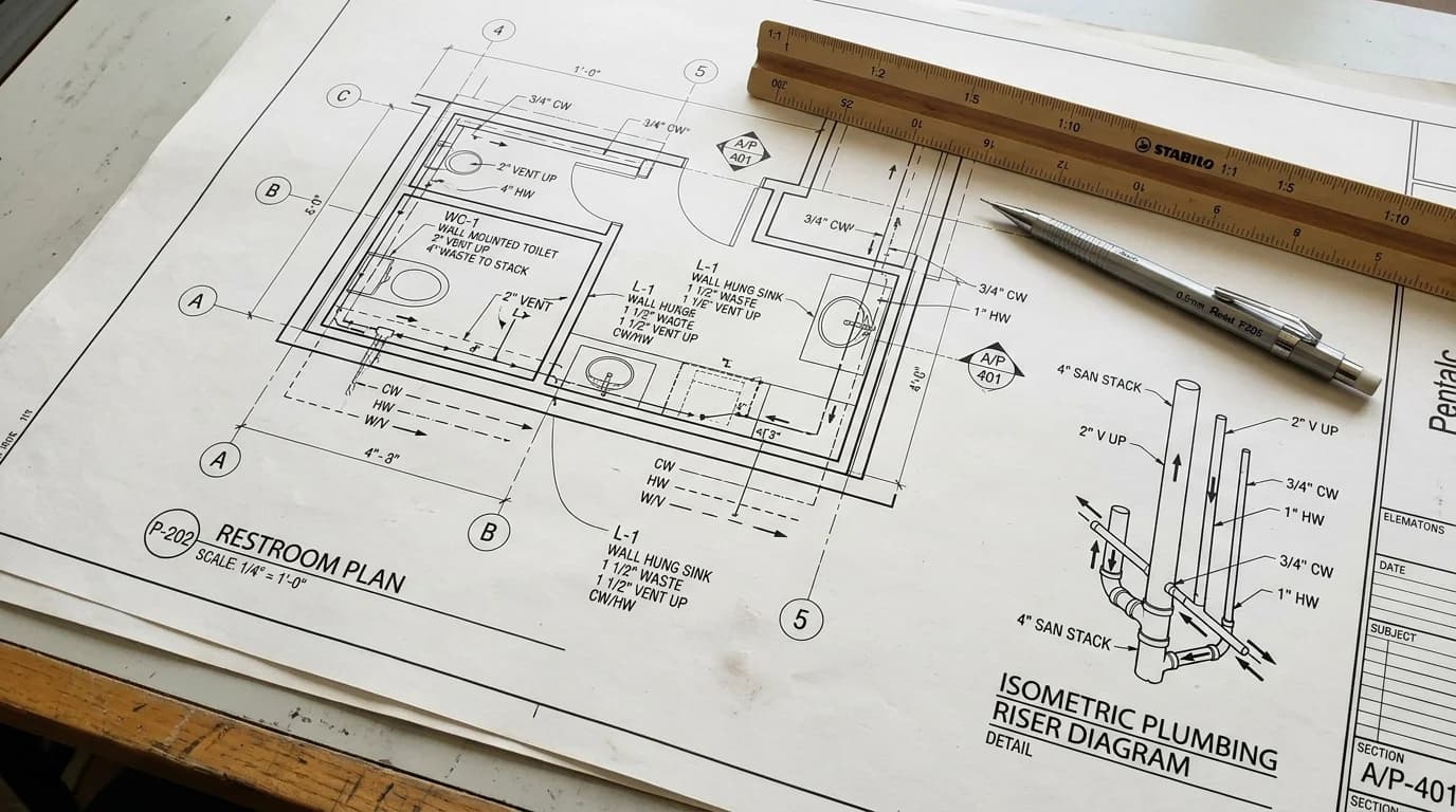 Commercial plumbing blueprint plan sheet showing architectural symbols, isometric riser diagram, and scale calibration ruler