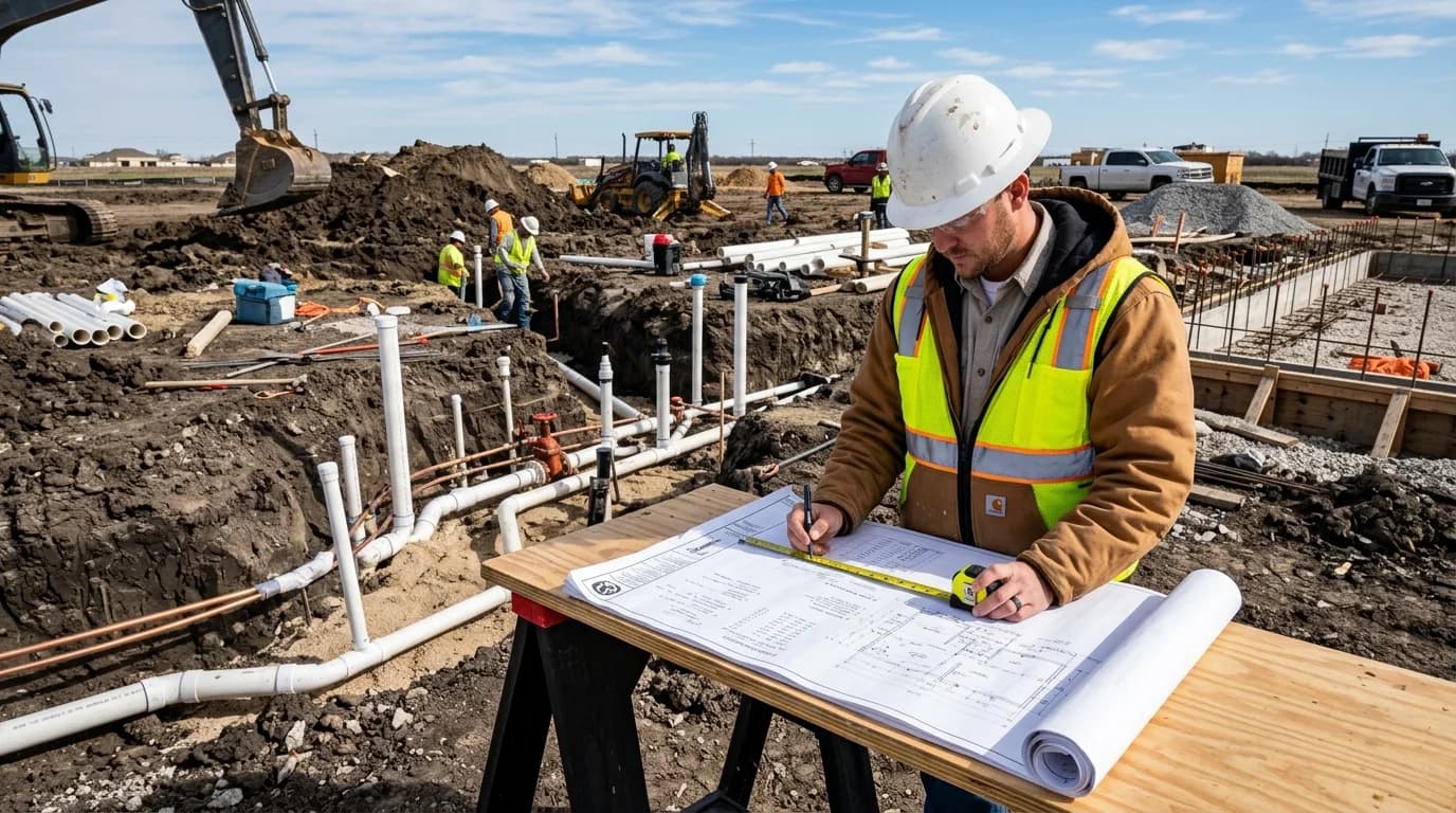Houston commercial plumbing construction and underground slab-on-grade rough-in with large PVC DWV piping