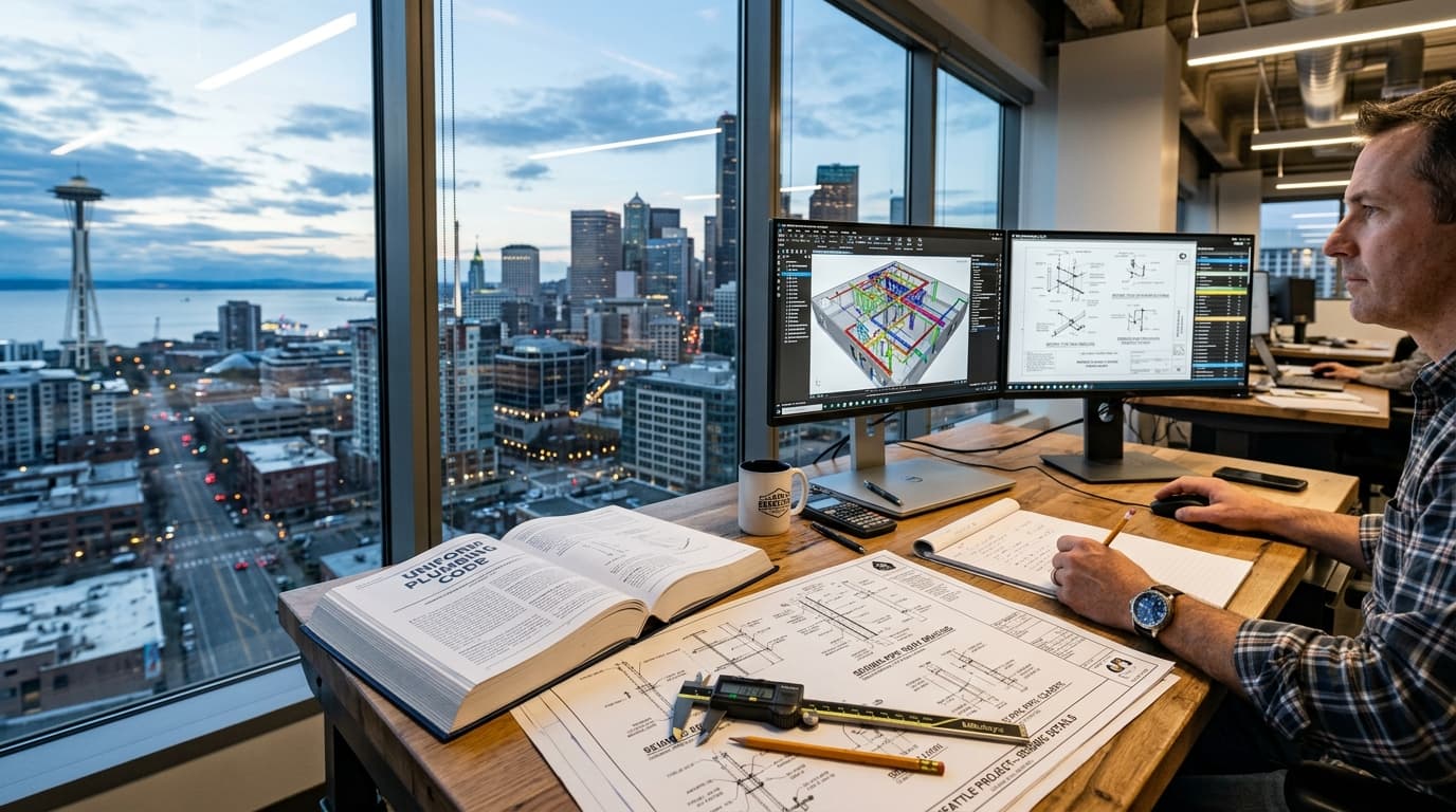 Commercial plumbing takeoff and preconstruction desk in Seattle Washington overlooking urban skyline